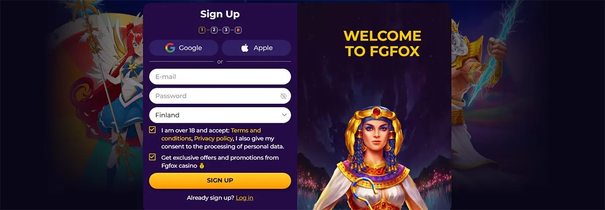 Fgfox Casino sign-up screen with Google/Apple options, email and password fields, country dropdown set to Finland, 18+ consent checkboxes, and a yellow ‘SIGN UP’ button beside an Egyptian queen illustration and ‘WELCOME TO FGFOX’ headline.