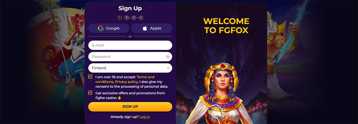 Fgfox Casino sign-up screen with Google/Apple options, email and password fields, country dropdown set to Finland, 18+ consent checkboxes, and a yellow ‘SIGN UP’ button beside an Egyptian queen illustration and ‘WELCOME TO FGFOX’ headline.